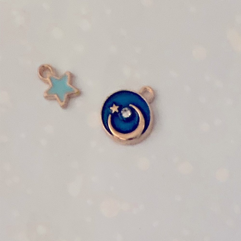 Light Teal Star and Deep Teal Rhinestone Moon Enamel Metal Golden Charm Duo